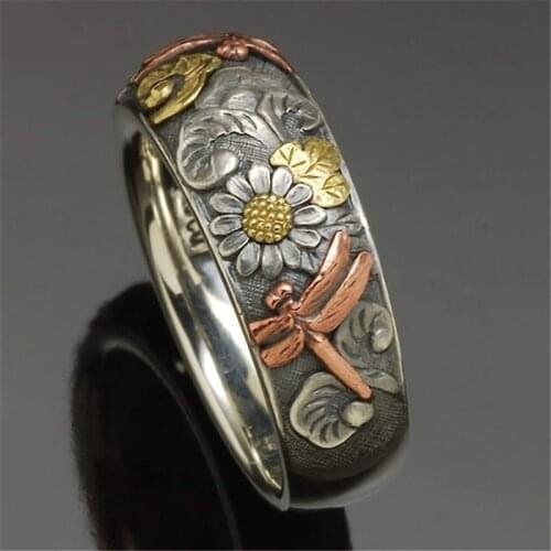 Vintage Carved Ring Men and Women Personality Sunflower Dragonfly Antique Ring Wedding Engagement Ring Jewelry Anniversary Gift