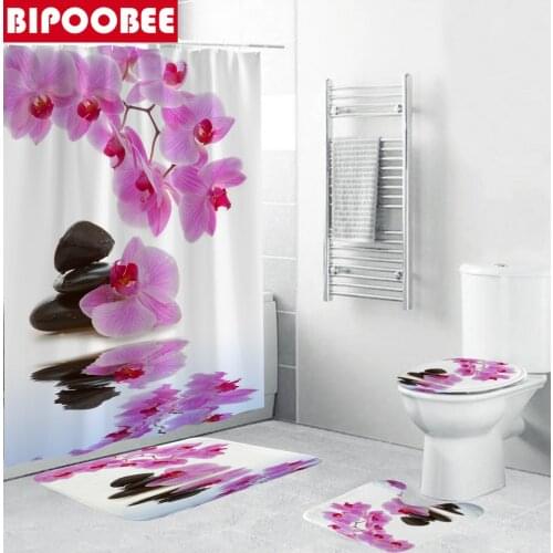 Spring Zen Stone Shower Curtain Orchid Flower Fabric Bath Curtains Bathroom Decoration Non-slip Rug Toilet Lid Cover Carpet