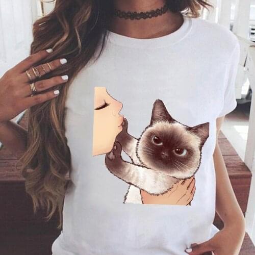 Women Graphic Cat Girl Cute Watercolor Short Sleeve 90s Fashion Cartoon Summer Print Female Clothes Tops Tees Tshirt T-Shirt