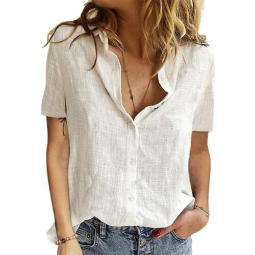 50% Hot Sell Women Shirt Solid Color Turn Down Collar Short Sleeve Single-breasted Blouse T-shirt for Office