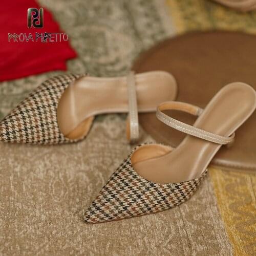Summer new style stylish pointed toe temperament retro elegant plaid pattern outer wear high-heeled half slippers women