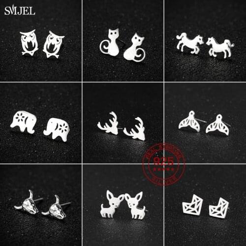 Real 925 Sterling Silver Deer Head Earrings for Women Cute OX Horse Fish Tail Chihuahua Fox Earring Christmas Jewelry Wholesale