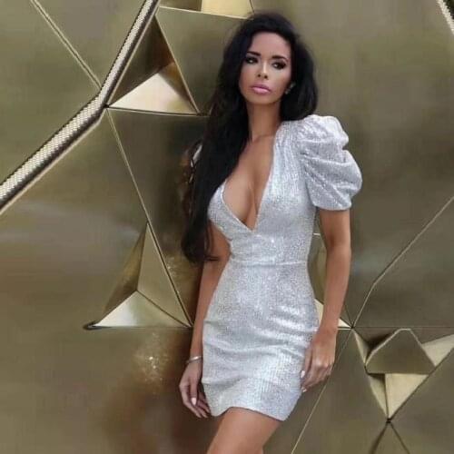 2019 Newest Silver Fashion Sequin Dress Sexy V Neck Tight Solid Color Short Sleeve Party Mini Women Summer Dresses Clubwear