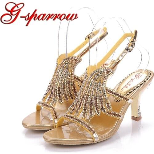 Gold Rhinestone Sandals Girl Stiletto Heel Plus Size Women Shoes Dropshipping Matric Graduate Farewell Ceremony Shoes