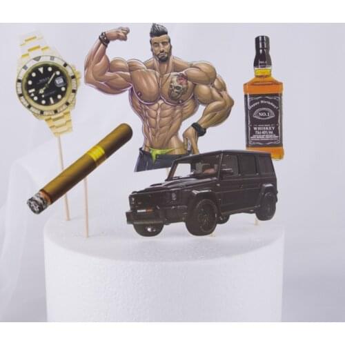 5pcs Muscular Man Happy Birthday Cake Topper Cartoon Rich Man Car Cupcake Topper For Boys Men Birthday Party Cake Decorations