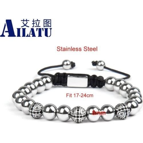 Ailatu New 8mm Stainless Steel Beads Black Cz Cross Macrame Bracelets Free Logo Service Top Quality