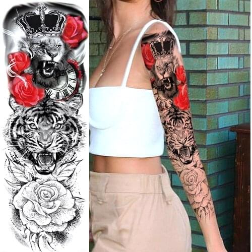 Large Tiger Temporary Rose Tattoos For Men Women Adult Body Art Full Arm Sleeve Tatoo Water Transfer Fake Tattoo Stickers Decor