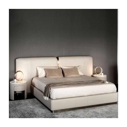 Nordic simple style wooden comfortable doble bed with two round mini nightstands best price bed sets for hotel apartment bedroom