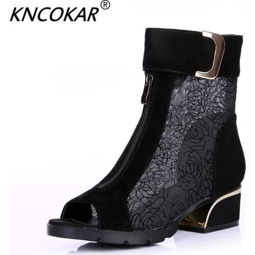 KNCOKAR Womens shoes new midheel fishbill boots fashion mesh chunky lace gladiator Sandals x1138