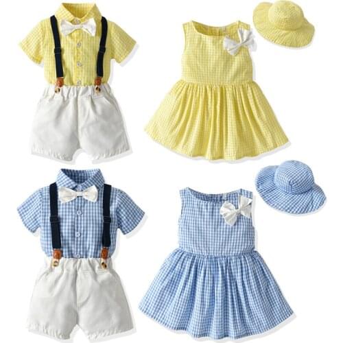 Plaid Brother and Sister Kids Matching Outfits Boys Gentleman Suit+Princess Girls Tutu Dress Sets Children Clothes