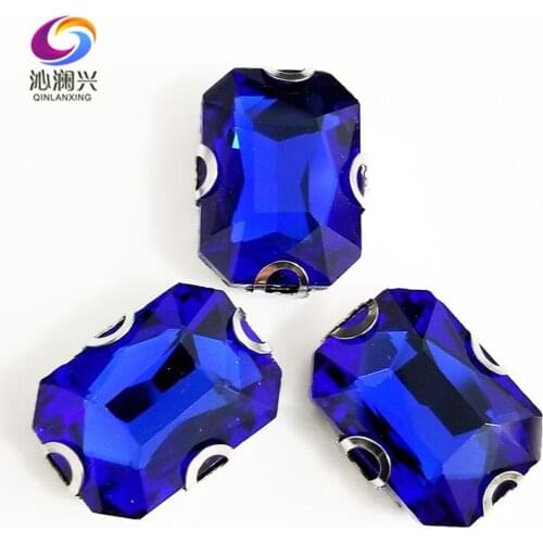 Royal blue Rectangle octagonal shape High quality Glass Crystal sew on D shape claw rhinestones,Diy Clothing accessories SWCD10