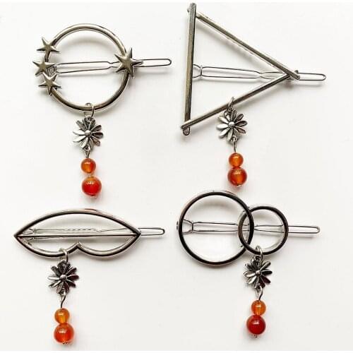 Metal Girls Hair Clips Flowers Charms Pendant Carnelian Beads Diy Geometric Hair Clip Stone Jewelry Ornaments 1PC Wholesale