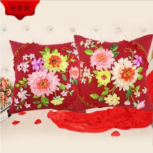 45x45cm Wedding ribbon embroidery Ribbon embroidery kit pillow cover set handcraft DIY handmade needlework art home decor