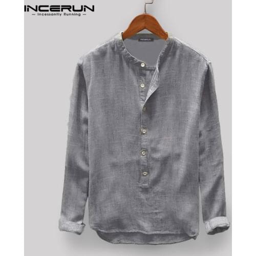 INCERUN Casual Shirt Men Stand Collar Long Sleeve Tops Pullover Leisure Button Japanese Men Basic Shirts Harajuku Camisa 2021