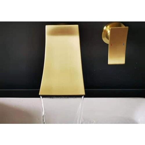Luxury brushed gold bathroom sink faucet waterfall brass wall mounted basin mixer tap Single handle double control faucet