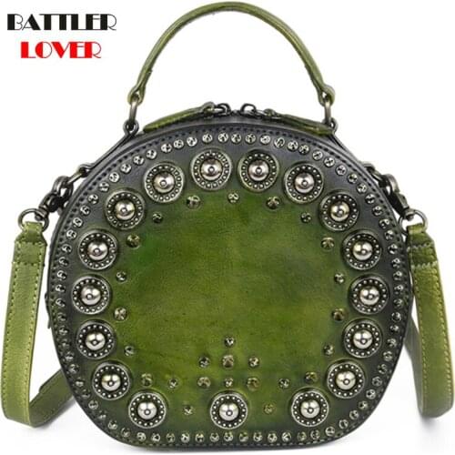 Women Genuine Cow Leather Handbags Rivet Luxury Brand Shoulder Bags For Female Retro Style Crossbody Totes Lady Classic Circular