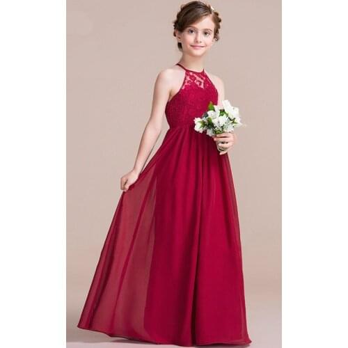 A-Line Halter Neck Floor-Length Chiffon Junior Bridesmaid Dress 3-14 Years