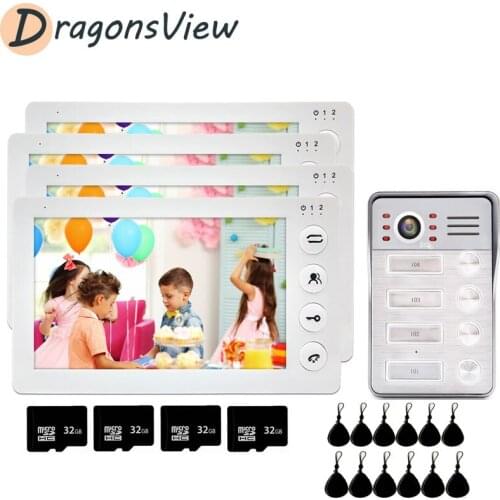 DragonsView 4 Units Apartment Intercom 7'' Wired Video Door Phone 4 Monitors 1200TVL RFID Doorbell IR Night For Home Security
