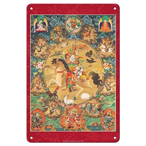 Warrior King Gesar of Ling - Protector Against Enemies - Tibetan Thangka Buddhist Painting - Metal Sign
