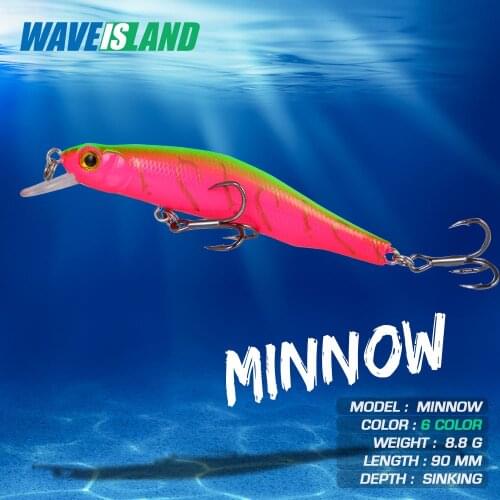 WAVEISLAND Minnow Fishing Lure Sinking Full In Water Baits 9cm 8.8g Mino Hard Pesca Wobblers For Pike Fish Artificial Bait