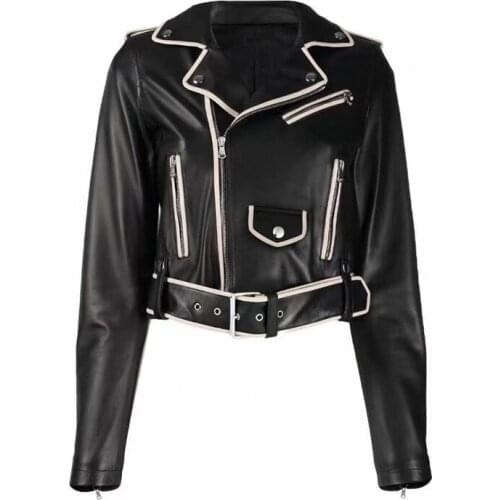 New 2021 Brand Women Coat Spring Genuine Leather Jacket Turn-Down Collar Size S-XXL Locomotive Model Real Sheepskin Parka