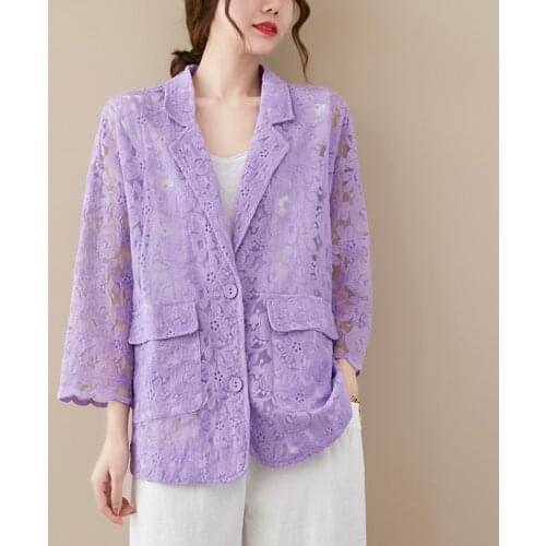 Women Summer Casual Blazer Coats New Arrival 2021 Vintage Style Hollow Out Solid Color Loose Ladies Sunscreen Jackets B469