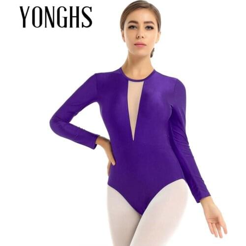 Womens Gymnastics Ballet Leotard Costume Round Neck Long Sleeves Open Back with Twist Straps Bodysuit Ballet Leotard Dancewear