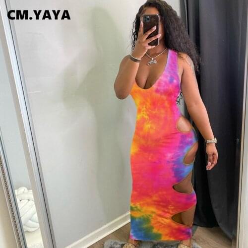 CM.YAYA Tie Dye Print Hole Maxi Dress V-neck Sleeveless Cut Out Bandage Bodycon Summer Long Dresses