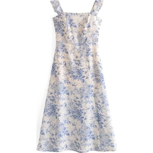 YENKYE Vintage Floral Print Sexy Slits Dress Women Square Neck Sleeveless A-line Chiffon Robe Femme Summer Holiday Party Vestido