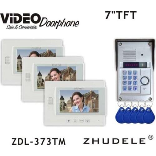 ZHUDELE Luxury Best 7" LCD Monitor Speakerphone Intercom Color Video Door Phone Metal IR Camera with Password&ID Card Unlock 1V3