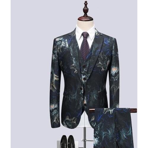 2019 Floral Mens Fashion Party Suit Custom Made Men Slim Fit Business Tuxedo Costume 3 Pieces Suits Set (Jacket+Vest+Pants)