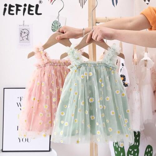 2021 Summer Cute Sleeveless Lace Floral Strap Tulle Baby Girl Dress Birthday Party Princess Dress Toddler Girl Clothes 12M-4T