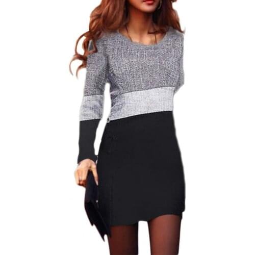 80% HOT SALES！！！Casual Women O Neck Long Sleeve Blouse Tunic Color Block Mini Bodycon Dress