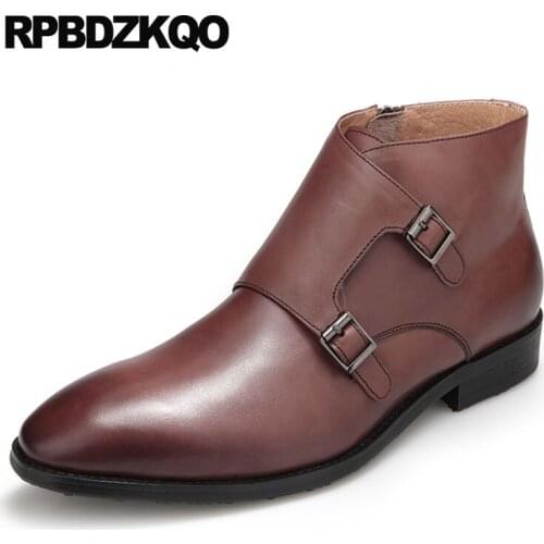 Black genuine leather booties mens pointed toe dress boots shoes zipper full grain brown formal designer business autumn wedding