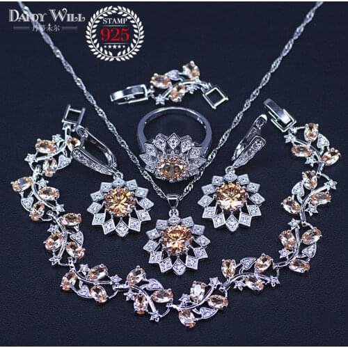 Flower silver color Bridal Jewelry Champagne Zircon Jewelry Sets For Women Earrings/Pendant/Necklace/Rings/Bracelet