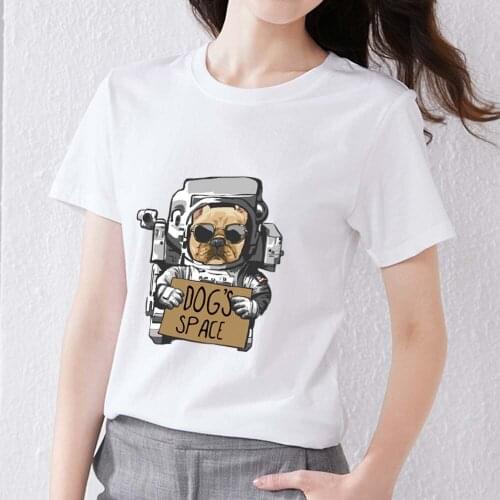 T-shirt Womens Small Fresh and Casual Cartoon Pattern Cute Aerospace Puppy Print Series Slim All-match Soft Round Neck Top