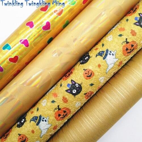 Pumpkin Printed Glitter leather, Hearts Printed Synthetic Leather Faux Fabric Sheet For Bow 21x29CM Twinkling Ming KM357