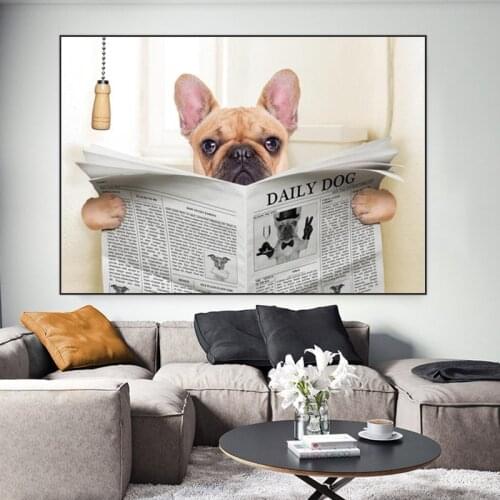Canvas Painting Funny Dog Toilet Reading Newspaper Picture Animal Art Posters and Prints Mural Pictures Home Decoration Cuadros