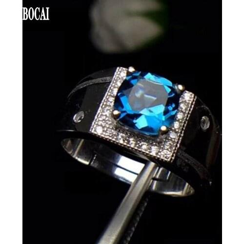 BOCAI new real S925 pure silver natural blue topaz ring for men new fashion square ring for men