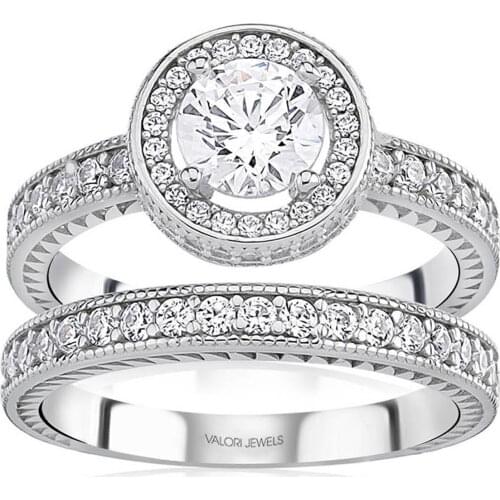 Valori Jewels 0.90 Carat, Zirconia White Round Gemstone, Rhodium Plated, Half Eternity And Solitaire Ring Combination