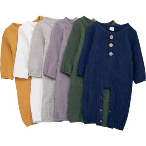 Newborn Baby Boy Girl Solid Long Sleeve Button Romper Sunsuit Autumn Outfit Set Clothes