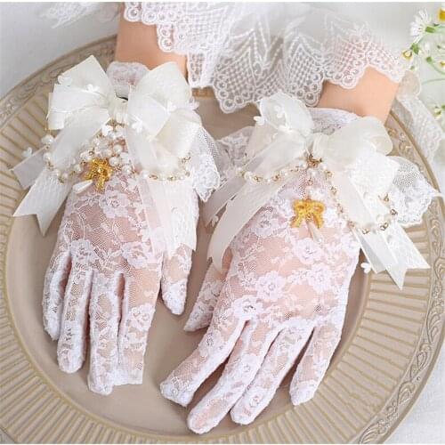 Lolita Lace Bride Gloves Cosplay Handmade Wedding Gloves Tea Party Lolita Gorgeous Elegant Girl Summer Lace Bow Hand Cuff D973