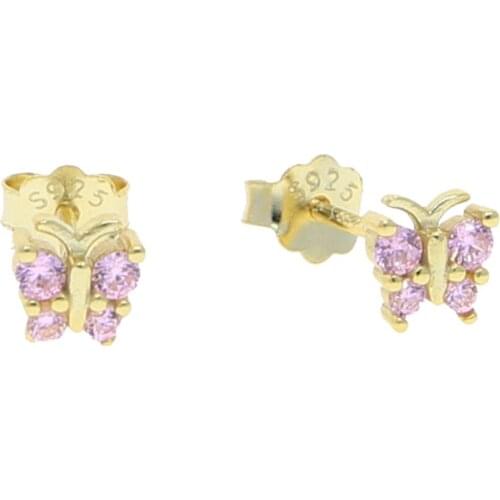Minimalist 100% 925 sterling silver tiny pink cz Zircon Earrings Piercing Jewelry cute lovely animal butterfly stud earring