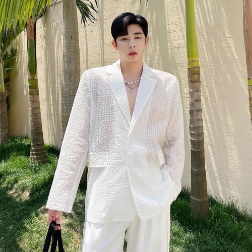 Menswear Blazer Jacket Men Net Celebrities Thin Translucent Loose Casual White Blazers Suit Jacket Streetwear Male Suit Coat Man