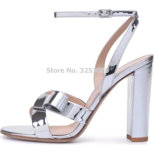 ALMUDENA New Designer Silver Patent Leather Chunky Heels Bowtie Sandals Metallic Cross Strappy Butterfly-knot Dress Pumps