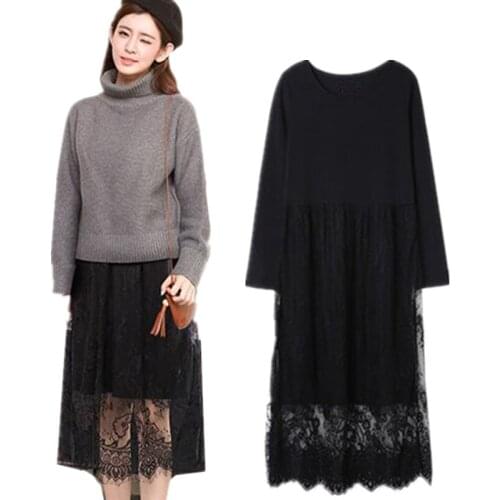 New style Spring fashion brand modal lace dress,large size Women long sleeve party dresses,Vintage black white dress S-5XL 6XL