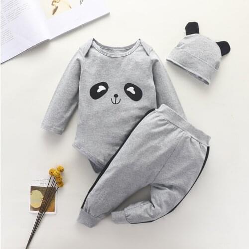 Newborn Clothing Baby Boy Long Sleeve Print Panda Rompers + Pants + Hat Cute 3Pcs Boys Boys Clothes Set