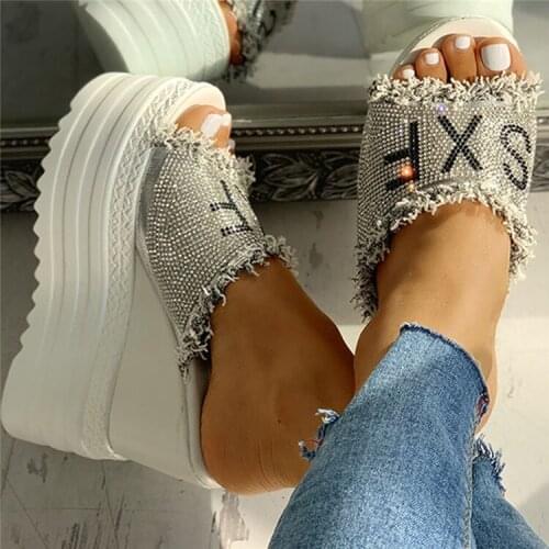 Silver Summer Rhinestone Wedges Heel Women Shoes Platform Peep Toe Height Increasing Slides Sexy Ladies Sandals Zapatos De Mujer