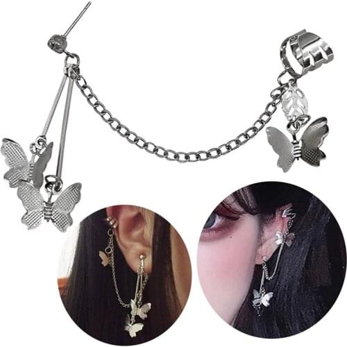 Butterfly Cuff Earring Retro Drop Chain Earring Dangle Stud Earring Punk Butterfly Clip Earring Ear Cuffs Jewelry Accessories