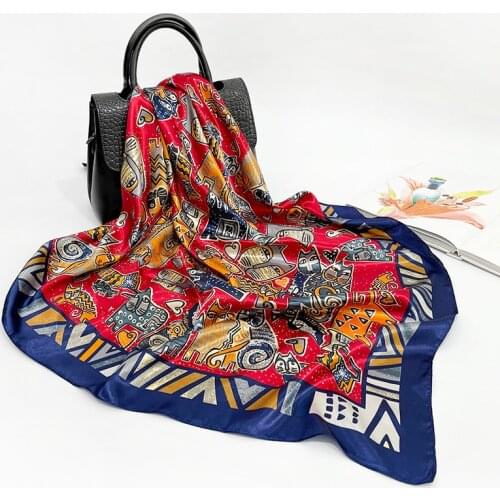 90cm Silk Scarf Women 2021 New Satin Turban Satin Cartoon Printing Large Square Scarf Shawl Spot Wholesale Customization